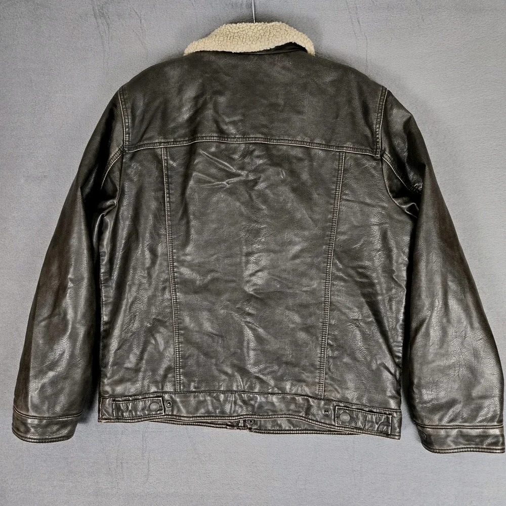 Levis Faux Leather Sherpa Aviator Bomber Jacket Men Large 46 Dark Brown Full Zip